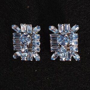 Rare Vintage SHERMAN Icy Blue Crystal Flower Clip-On Statement Earrings